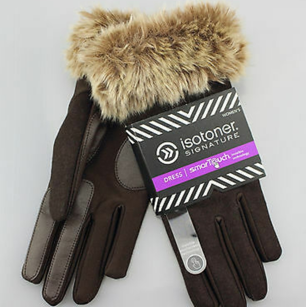 Isotoner Textured Leather Gloves with Fur Trim S/M